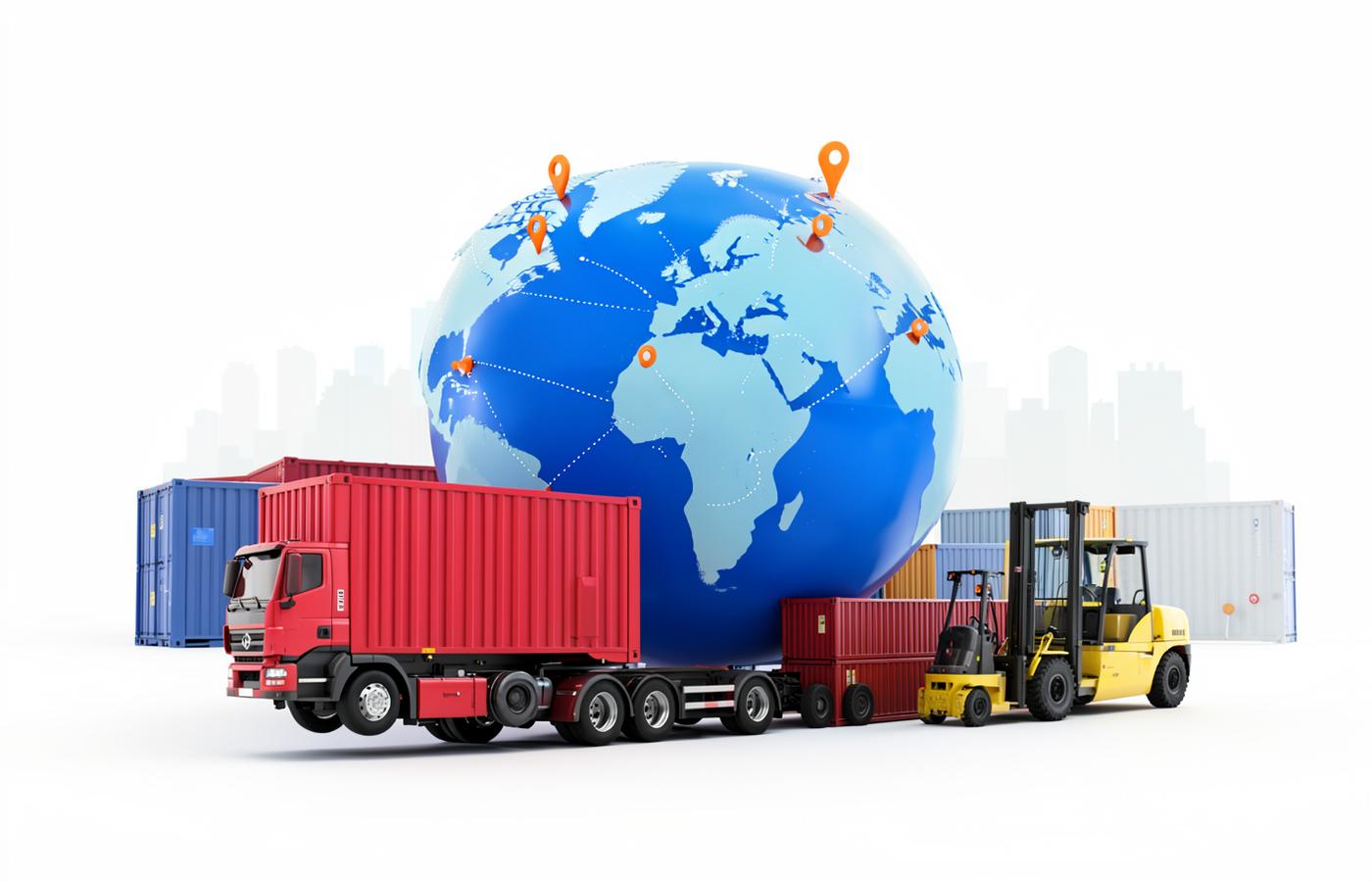 Global logistics network with trucks, containers and worldwide routes