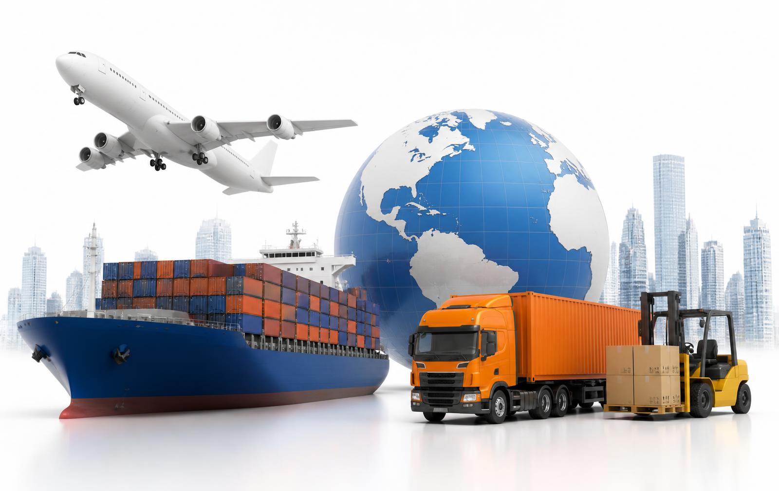 Cargo aircraft, container ship, globe, freight truck and forklift